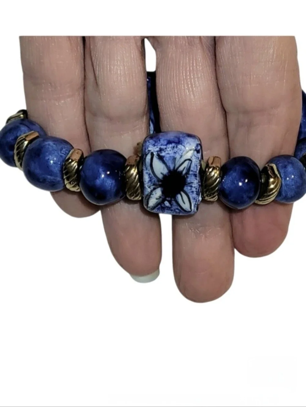 Hand Crafted Blue Ceramic And Gold Bead Heart Bracelet For Small Hands/Wrists